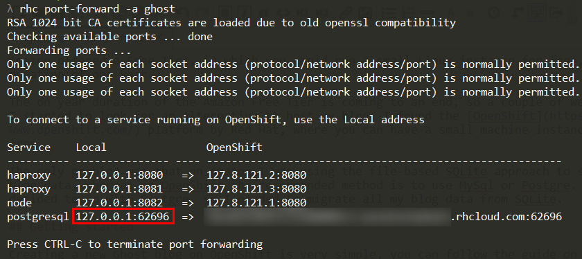 Use the rhc command to open a port to your Postgre DB.