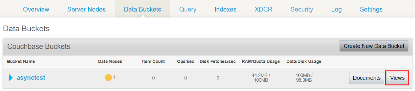 The Views button on the Couchbase management console.