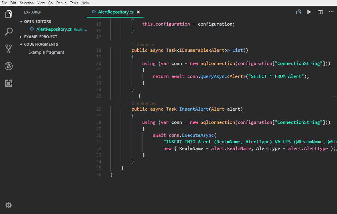 Snippets in Visual Studio Code